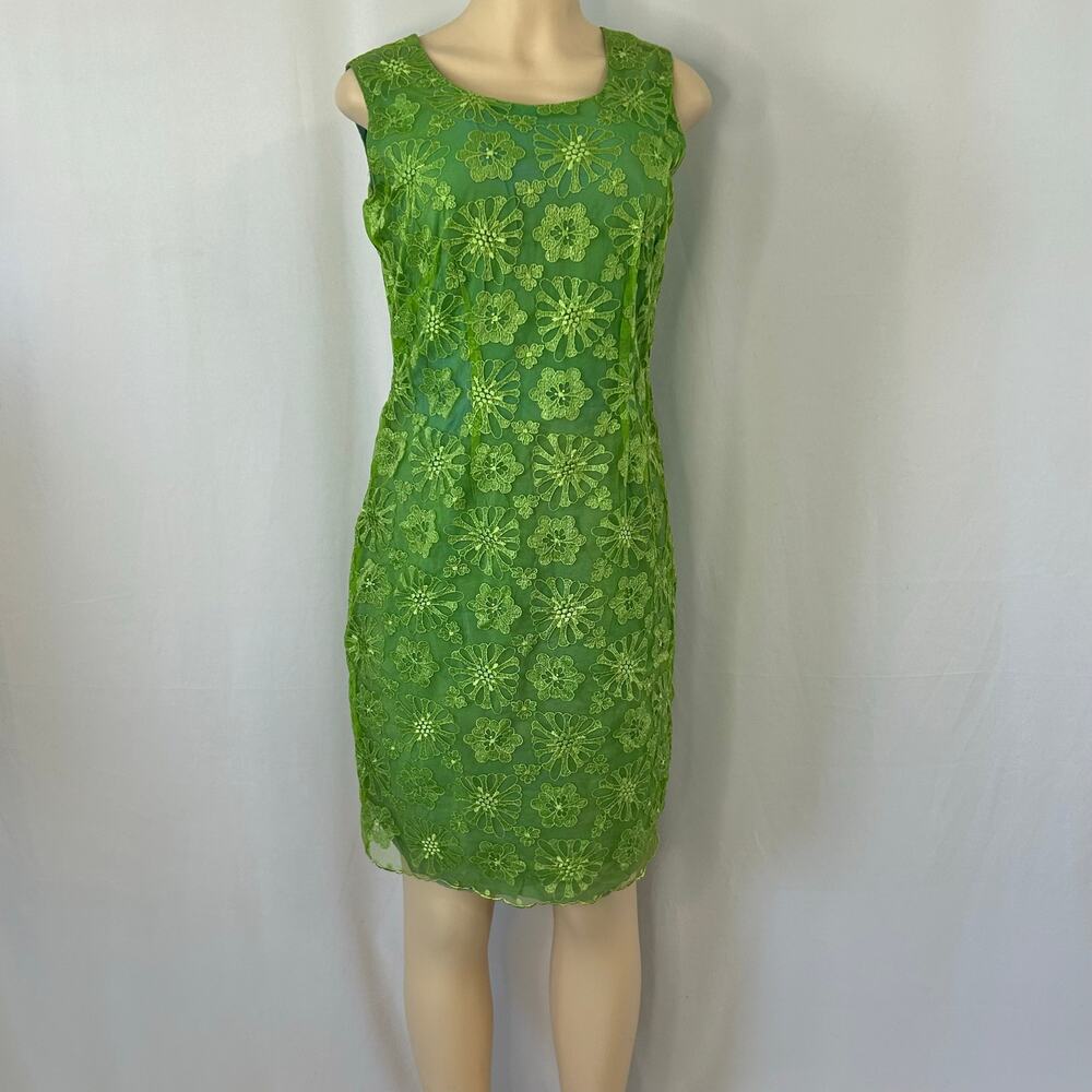 Handmade Green Sheer Floral Overlay Dress Sheath Artsy Boho Vintage Style M